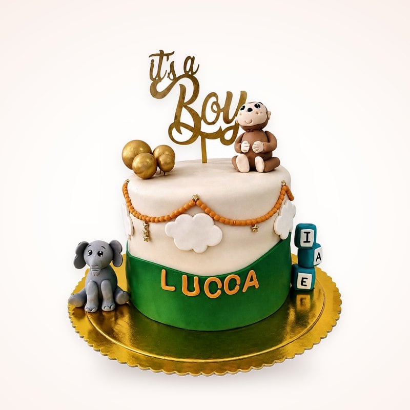 Baby shower: Fondant con figuras de elefante y monito.