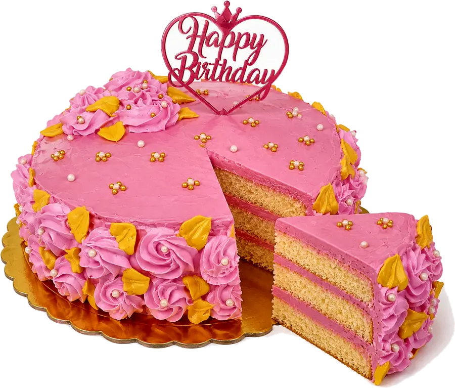 Torta rosada con rosetones de crema y una porción cortada que muestra el bizcocho de capas
